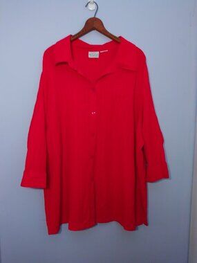 White Stag Red Crinkle Gauze Button Up Blouse 3X Vintage Coastal Casual Beach